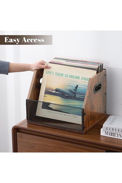 LENND Vinyl Records Storage Crate - Metal & Wood LP Record Holder, Holds up to 60