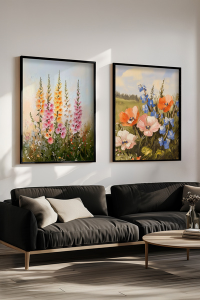 STARYUNA Living Room Painting, Pastel Flower Garden with Black Wooden Frame Double Painting Set Yuna414