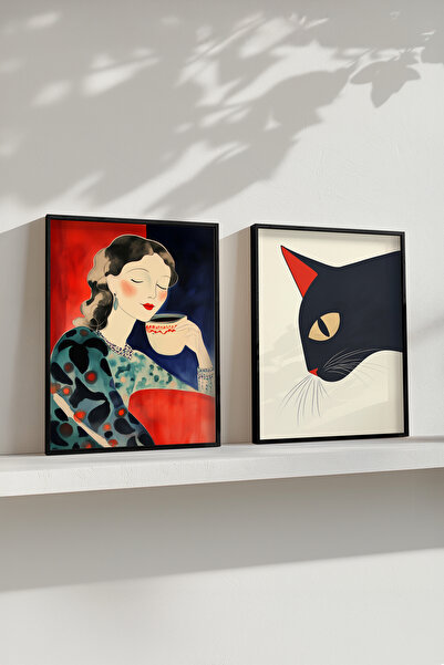 STARYUNA Set de pictură dublă cu ilustrație de femeie și pisică cu cadru din ...