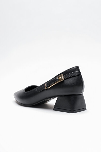 Lizzu Women's Side Buckle Detailed Thick Short Heeled Shoes Goria Black Skin