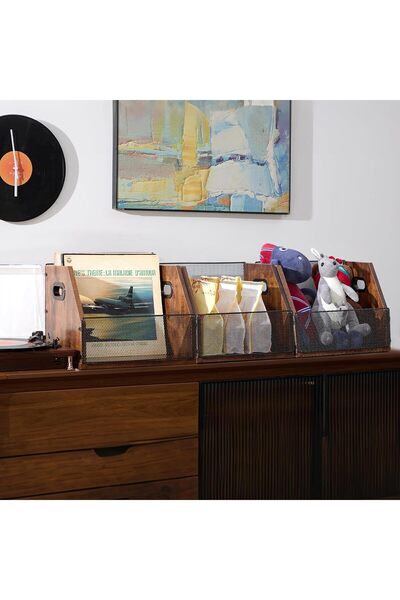 LENND Vinyl Records Storage Crate - Metal & Wood LP Record Holder, Holds up to 60