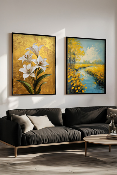STARYUNA Black Wooden Framed Golden Background Lily and Stream Landscape Double Painting Set Yuna415