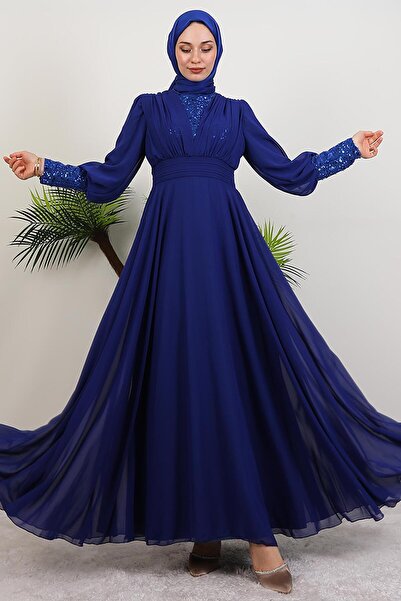 GİYZAMİLA Φόρεμα Roza Detail από σιφόν νυχτερινό μπλε