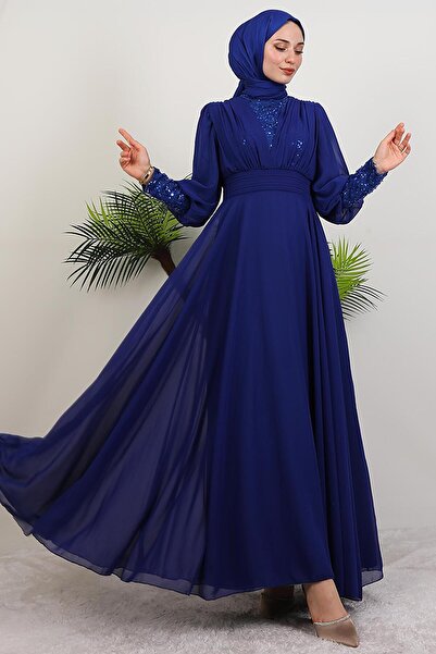 GİYZAMİLA Φόρεμα Roza Detail από σιφόν νυχτερινό μπλε