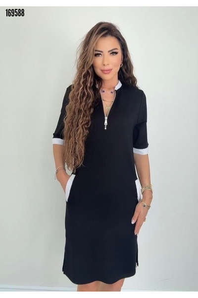 Modayakamoz Γυναικείο φόρεμα βισκόζης με κοντό μανίκι με φερμουάρ και σχισμή ...