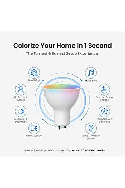 Broadlink BLE Smart Bulb LB4GU10, Color Changing with Music Sync, Spotlight GU10/4.5W/350LM, FastCon