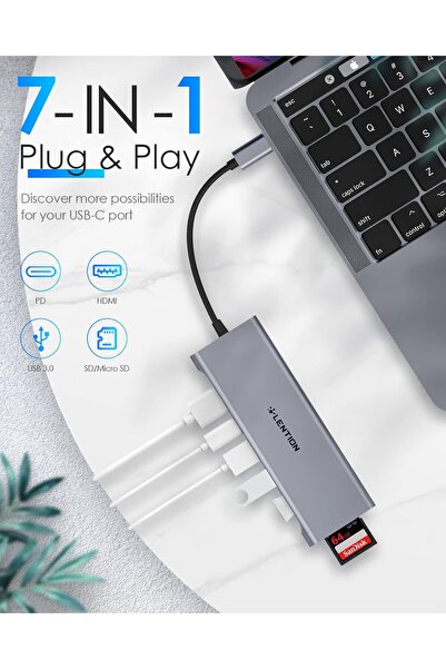 LENTION موزع USB C متعدد المنافذ مع HDMI بدقة 4K، و3 منافذ USB 3.0، وقارئ بطاقات SD/Micro SD، ومتوافق مع تقنية PD بقوة 100 وات 202