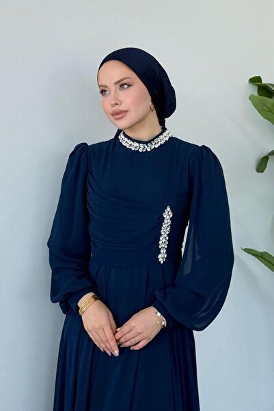 Şulemoda Giyim فستان سهرة باشاك شيفون باللون الأزرق الداكن