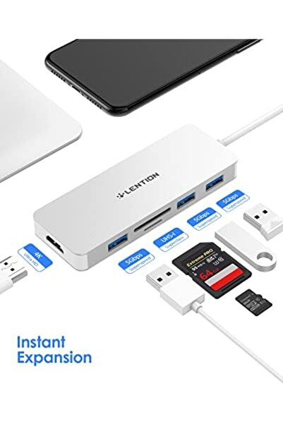 LENTION موزع USB C مع HDMI بدقة 4K، و3 منافذ USB 3.0، وقارئ بطاقات SD/Micro SD متوافق مع MacBook Pro 2023-2016،