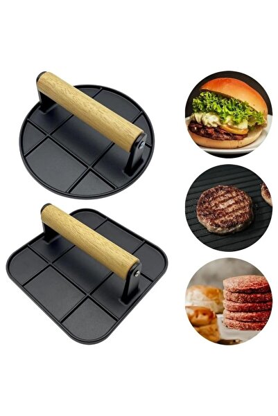 Flippy Presă manuală pentru carne, aliaj de aluminiu cu mâner din lemn, pătrată 16x16x6 cm, neagră