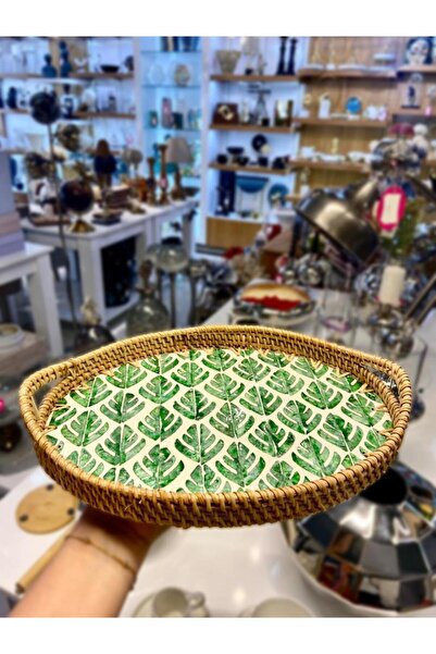 ÇIRPAN EV YEŞİL YAPRAK DESEN OVAL RATTAN TEPSİ 30X20CM