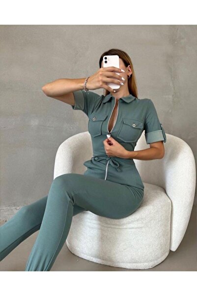 Modafeminen Ολόσωμη φόρμα από εισαγόμενο κρεπ ύφασμα με τσέπη με φερμουάρ 582020 MİNT