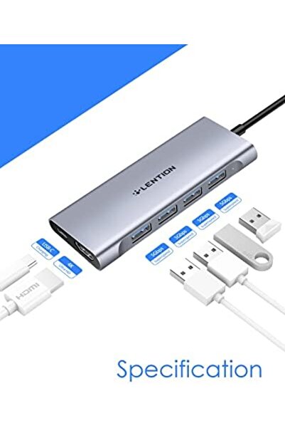 LENTION موزع USB-C متعدد المنافذ مع HDMI بدقة 4K، وPD بقوة 100 وات، و4 منافذ USB 3.0، ومتوافق مع الشحن من النوع C 2025-2016 م