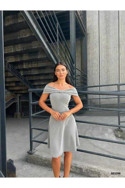 Modafeminen Flowers Fabric Madonna Collar Flare Dress Gray 583298