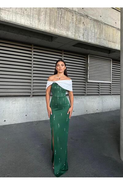 Modafeminen Flexible Scuba Fabric Bow Stone Detailed Long Evening Dress 583302 Emerald