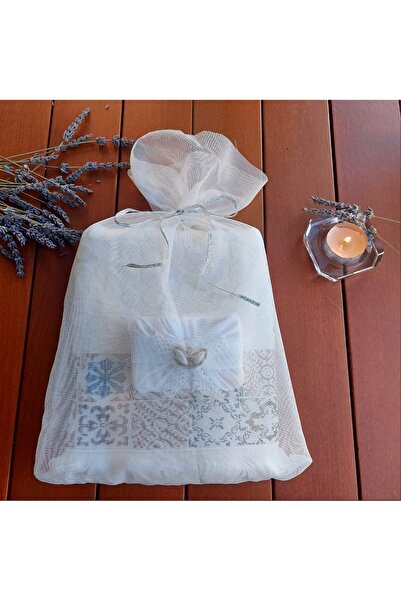 esdekor Handmade Dowry Embroidered Cream Towel – Lace Bow in a Net Bag