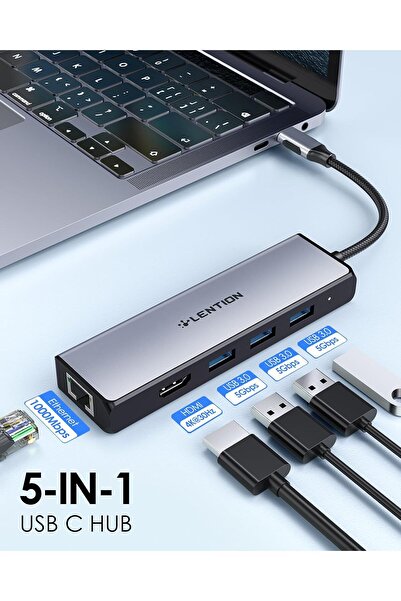 LENTION موزع USB C مع محول جيجابت إيثرنت، HDMI 4K، 3 منافذ USB 3.0 لأجهزة MacBook Pro 2023-2016