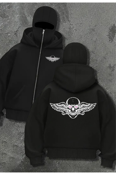 Toum Μαύρη ζακέτα με κουκούλα με φερμουάρ, με λεπτομέρεια μάσκας μοτοσικλέτας