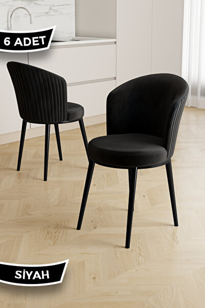 Canisa Risa Serisi 6 Adet Siyah Mutfak Sandalyesi Siyah Metal Ayak 1.Sınıf Babyface Kumaş
