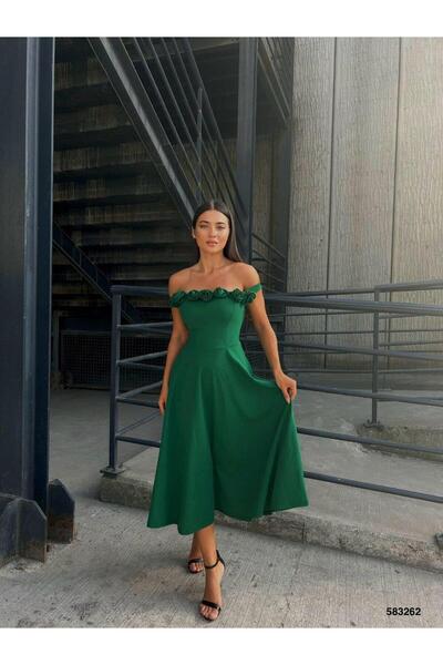 Modafeminen Crepe Stretch Fabric Front Rose Detail Midi Length Evening Dress 583262 Green