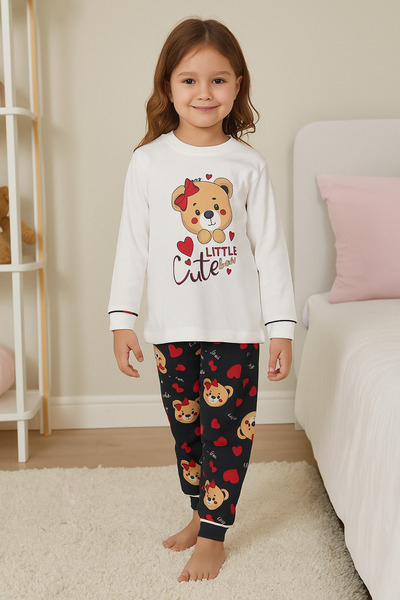 KAPİKİDS Girl's 100% Cotton Teddy Bear Patterned Ecru Pajama Set