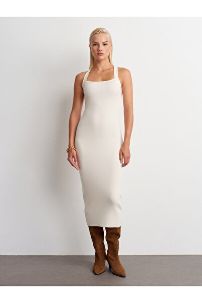 Dilvin 90253 Halter Neck Ribbed Knit Dress-Ecru
