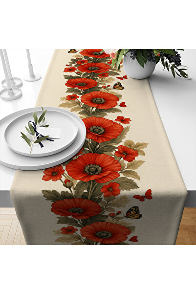 Else Dekor Butterfly Red Flower Patterned Digital Print Washable Decorative Runner 40X140Cm