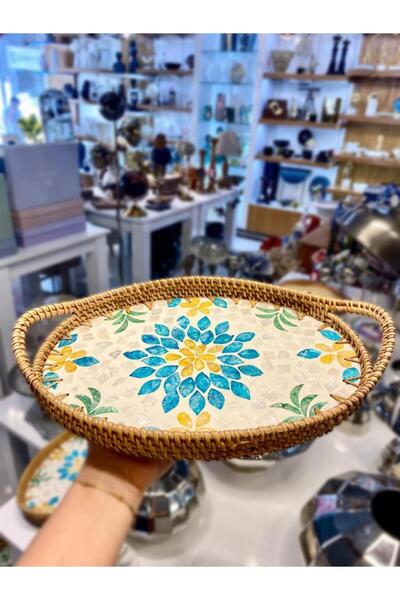 ÇIRPAN EV SARI MAVİ ÇİÇEK DESEN OVAL RATTAN TEPSİ 30X20CM