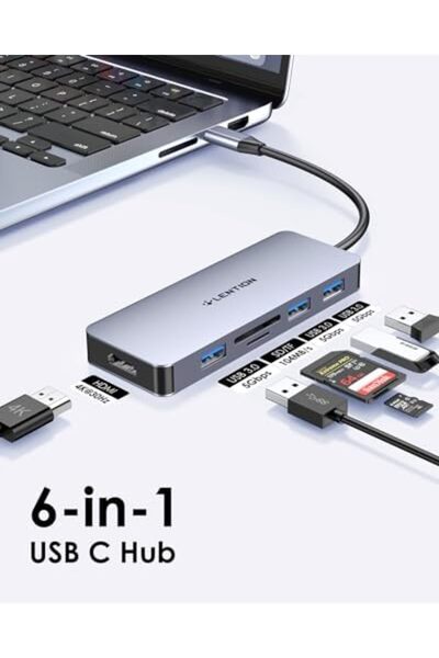 LENTION موزع USB C مع منفذ HDMI بدقة 4K، و3 منافذ USB 3.0، وقارئ بطاقات SD/Micro SD (CB-C18، رمادي فضائي)