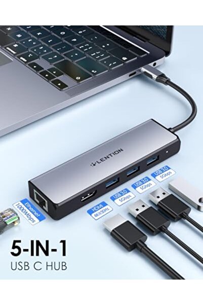 LENTION موزع USB C مع محول جيجابت إيثرنت، HDMI 4K، 3 منافذ USB 3.0 لأجهزة MacBook Pro 2023-2016