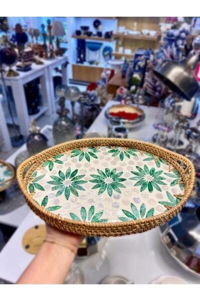 ÇIRPAN EV YEŞİL ÇİÇEK DESEN OVAL RATTAN TEPSİ 30X20CM