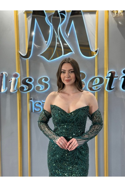 MissBetül Straplez Full Dantel Payetli Takma Kol Abiye Nişan Elbisesi