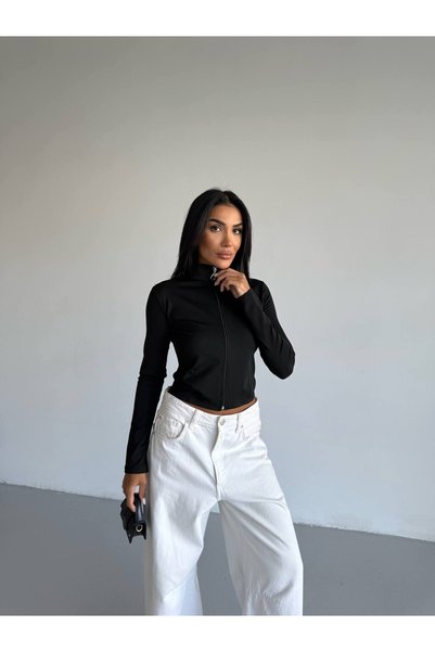 trendhazan سترة نسائية موسمية من قماش الغوص الأساسي ذو سحاب وتفاصيل تمرير الأصابع