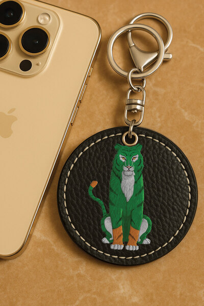 Cekuonline سلسلة مفاتيح معدنية مطبوعة بنمط جلد صناعي من الدرجة الأولى مقاس 6 × 6 سم باللون الأسود - النمر السلتي