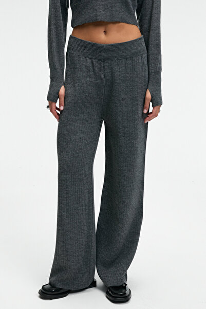 GRIMELANGE Mariposa women's round neck striped crop top and wide leg knit bottom set - anthracite