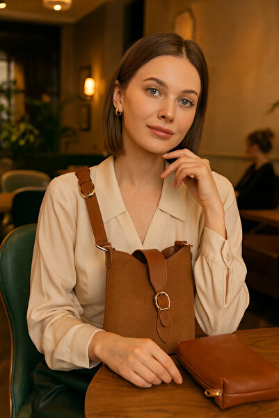 ESTUTE Lüks Süet Deri Detaylı Omuz Çantası & Makyaj Çantası Hediyeli