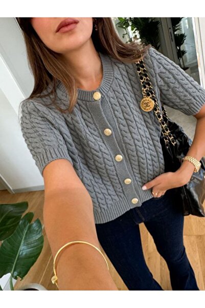 Lovely butik Women's Hair Braided Gold Buttoned Short Sleeve Knit Cardigan