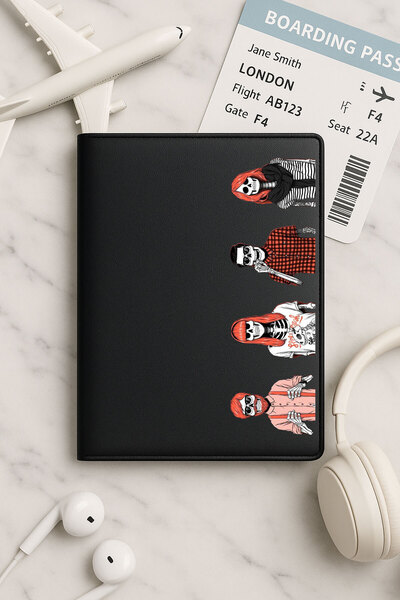 Cekuonline Black Vinyle Leather Passport Cover Case for All Countries' Passports Skull Family