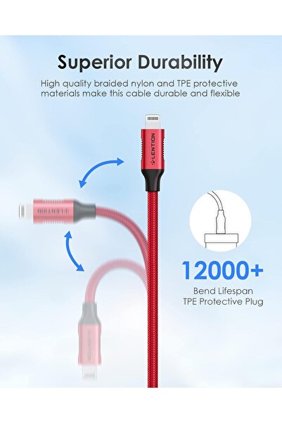 LENTION USB-C to Lightning Charging Cable 3ft (1M) - Red