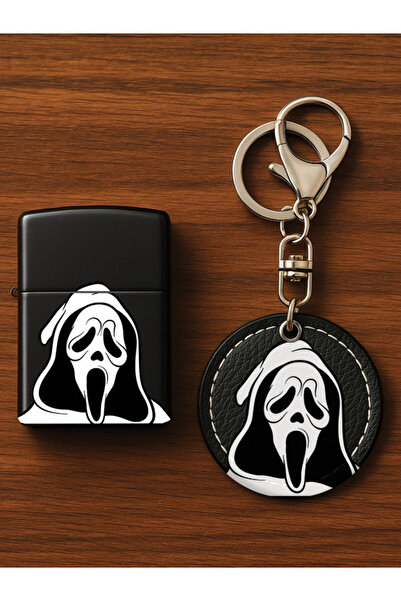 Cekuonline طقم ولاعة معدنية بنزين مطبوعة منقوشة وسلسلة مفاتيح جلدية فاخرة Scream99758