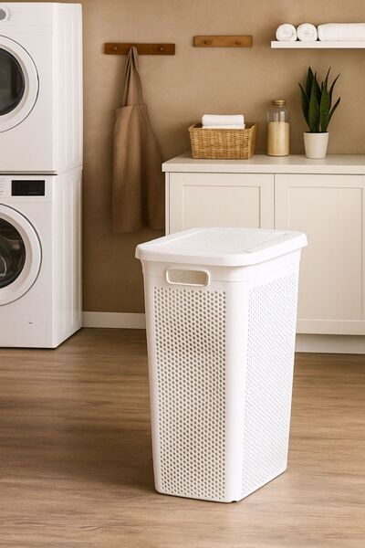 Bayev Lundo Beyaz Dikdörtgen Kirli Çamaşır Sepeti - Kapaklı Çamaşır Sepeti