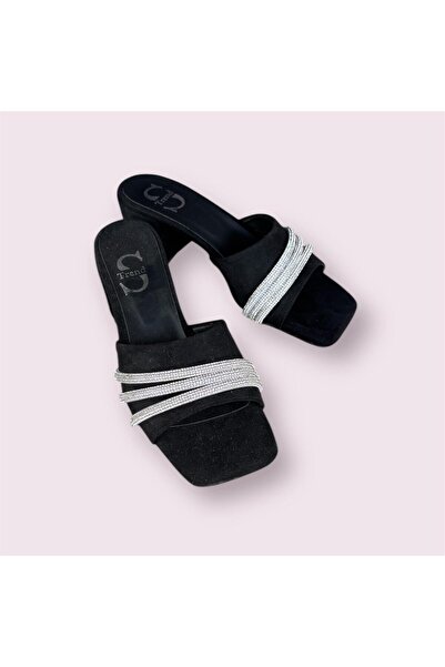 Serra Trendy Black Suede Stone-Heeled Slippers