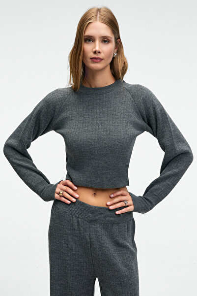 GRIMELANGE Mariposa women's round neck striped crop top and wide leg knit bottom set - anthracite