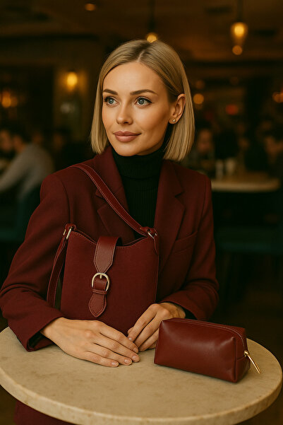 ESTUTE Lüks Süet Deri Detaylı Omuz Çantası & Makyaj Çantası Hediyeli