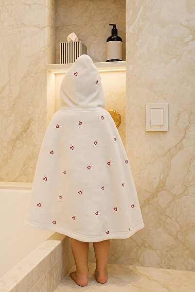LaraLisa Hooded Heart Embroidered Open Front 100% Cotton Children's Poncho Bathrobe