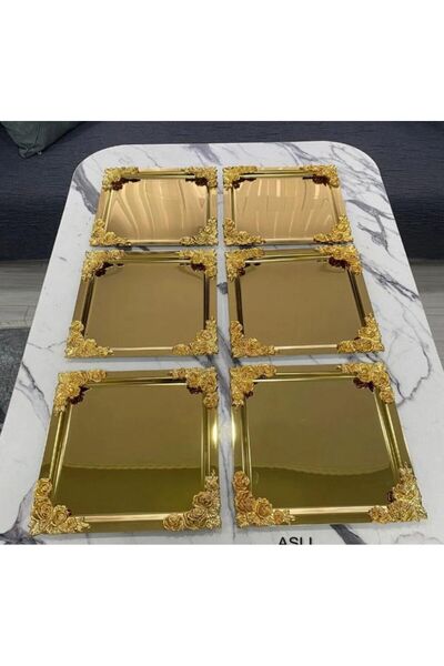 EMFA HOME 6'lı Lüx 4 Köşesi Gold Çiçekli Kare Gümüş Kaplama Model Çay,kahve,ikram Servis Sunum Tepsisi 21x21