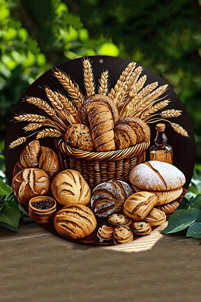 kutuTR Dekoratif UV Baskılı 3D GÜRÜNÜMLÜ MDF Duvar Süsü – Ekmek ve Buğday Tas...