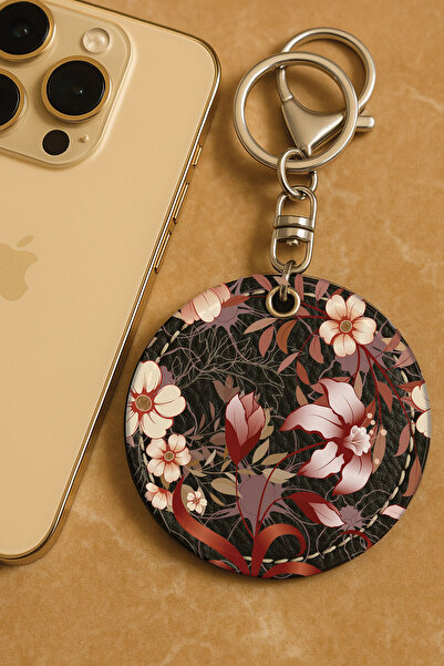 Cekuonline سلسلة مفاتيح معدنية مطبوعة بنمط جلد صناعي من الدرجة الأولى مقاس 6×6 سم باللون الأسود - زهرة كومبوشي