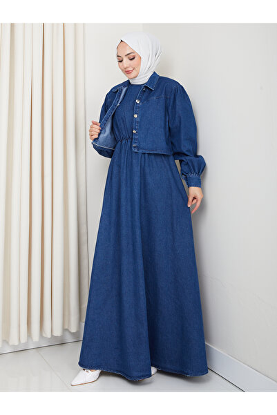 EFSUN MODA Jacket Dress Double Denim Suit Two-Piece Blue