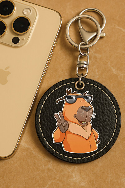 Cekuonline سلسلة مفاتيح معدنية مطبوعة بنمط جلد صناعي من الدرجة الأولى مقاس 6×6 سم باللون الأسود - كابيبارا71118587